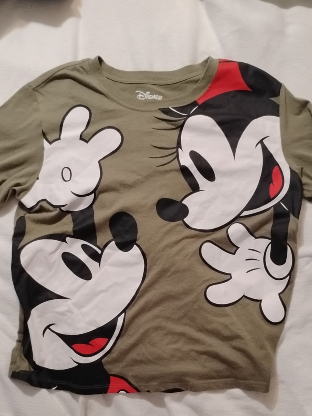 Disney Olive Green Mickey & Minnie Face Graphic Tee L